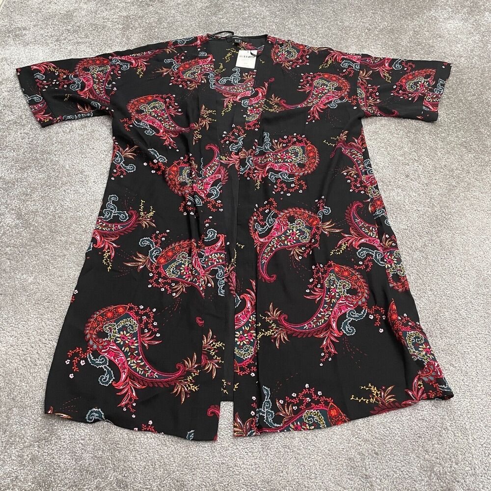 Forever 21 + Casual Jacket Womens 0X Black Multi Paisley Short Sleeve Kimono NWT